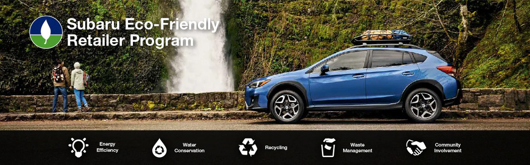 The Subaru Eco-Friendly Retailer Program logo with a blue Subaru and eco icons at bottom.